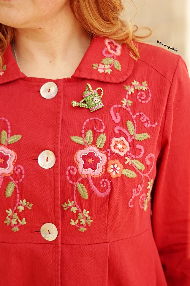 Winnipeg Style fashion Canadian blog, vintage style, spring 2019, April Cornell Favorite jacket red embroidered flowers, Heidi Daus swarovski crystal watering can brooch pin